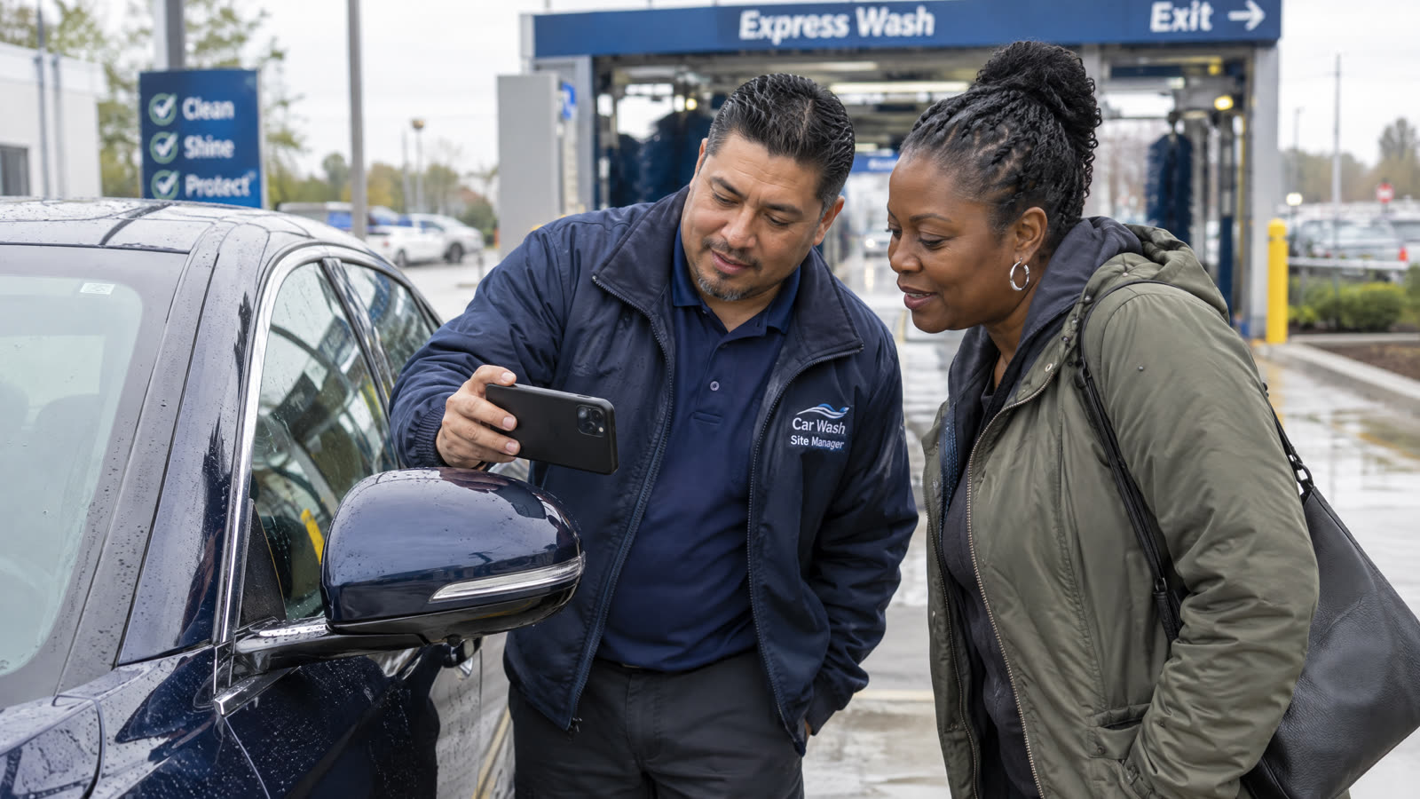 A car wash site manager and a customer look over a side mirror together in the exit lane.