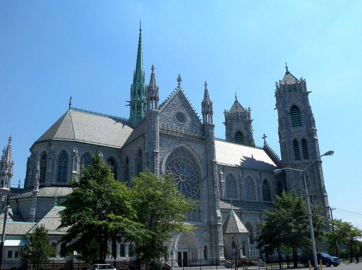 The Cathedral Basilica of the Sacred Heart seen from the northwest at midday, Newark, New Jersey