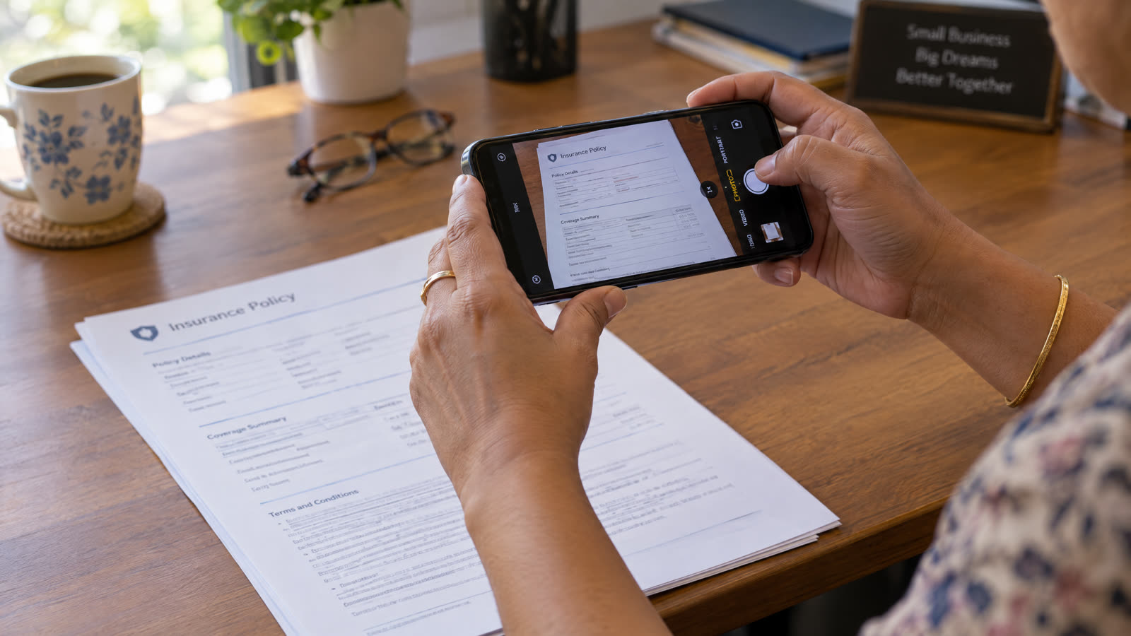 Someone photographing an insurance policy page with a phone.